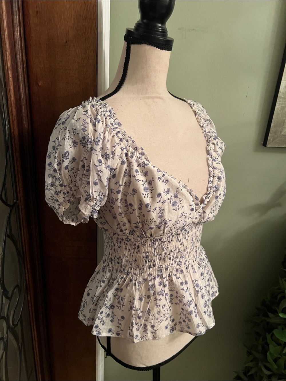 Smocked Peplum Floral Top in White and Blue - Picture 2 of 8
